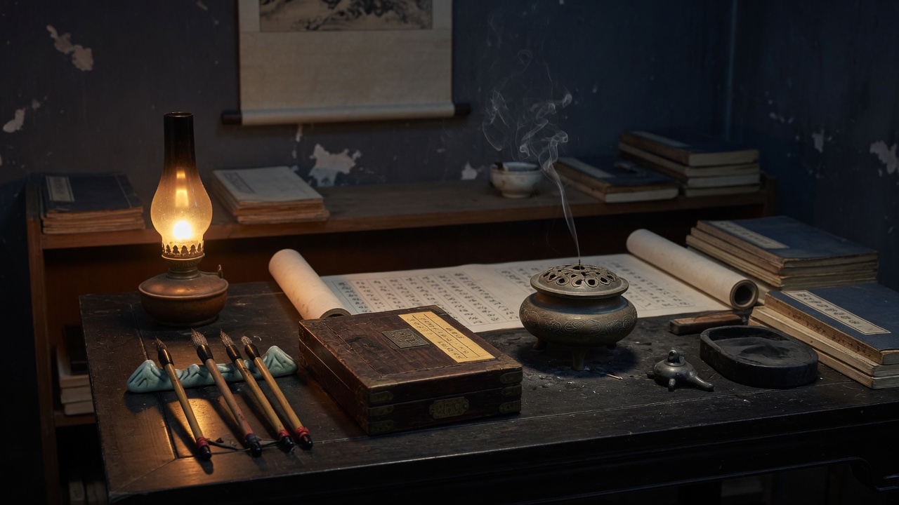 Chinese scholar’s studio, incense, no figures