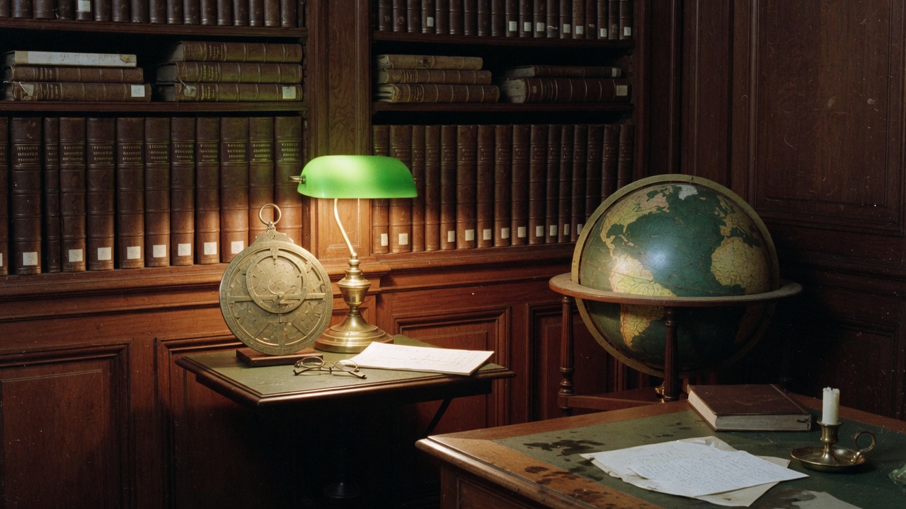 European study with globe, brass astrolabe, and a green banker's lamp