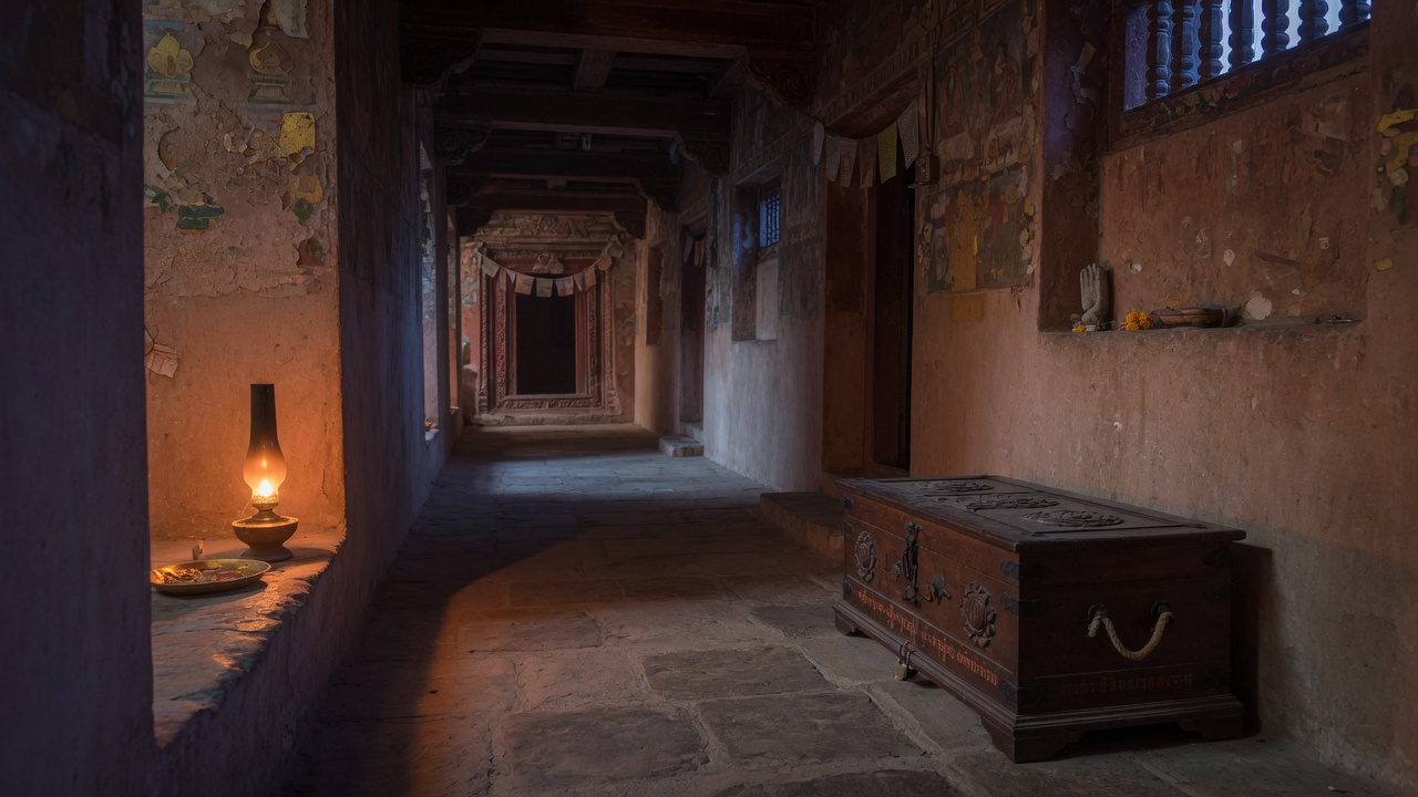 Empty monastery corridor and lamp, no figures