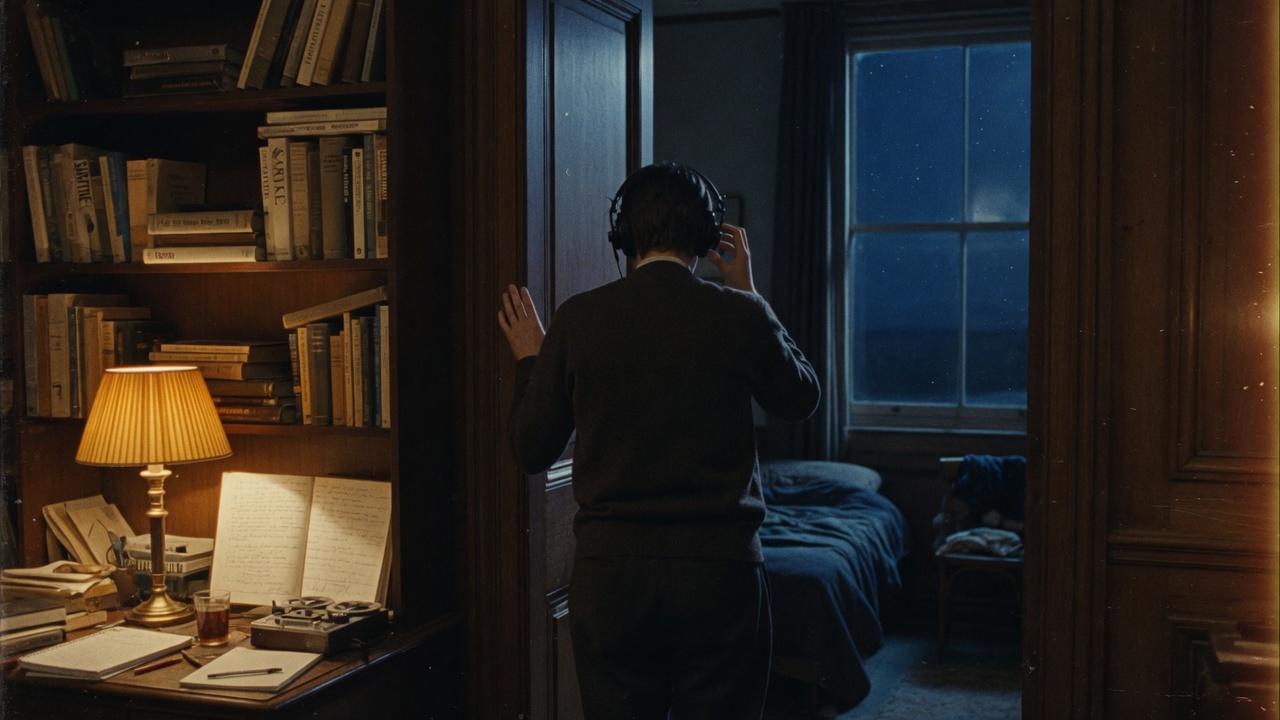 At a doorway between a lamp-lit study and a night bedroom, an operator putting on stereo headphones