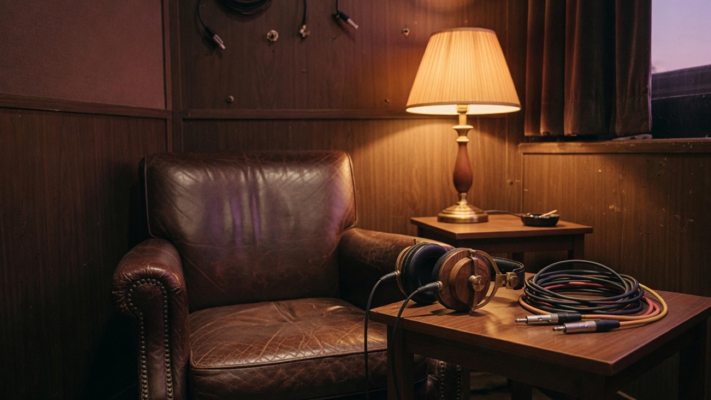 Quiet dusk studio lounge with vintage headphones on a leather chair