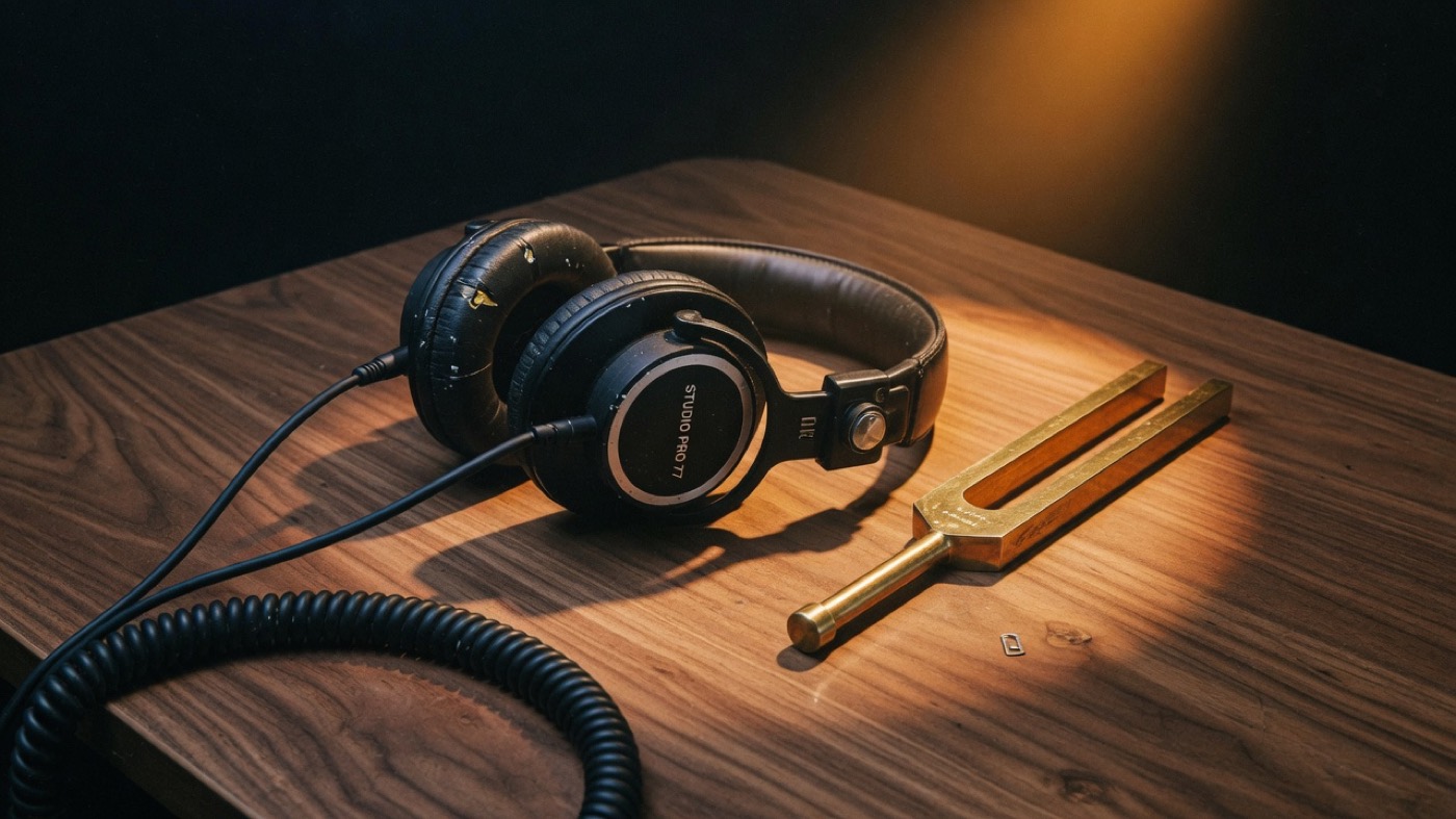 Vintage over-ear headphones on a walnut analog console