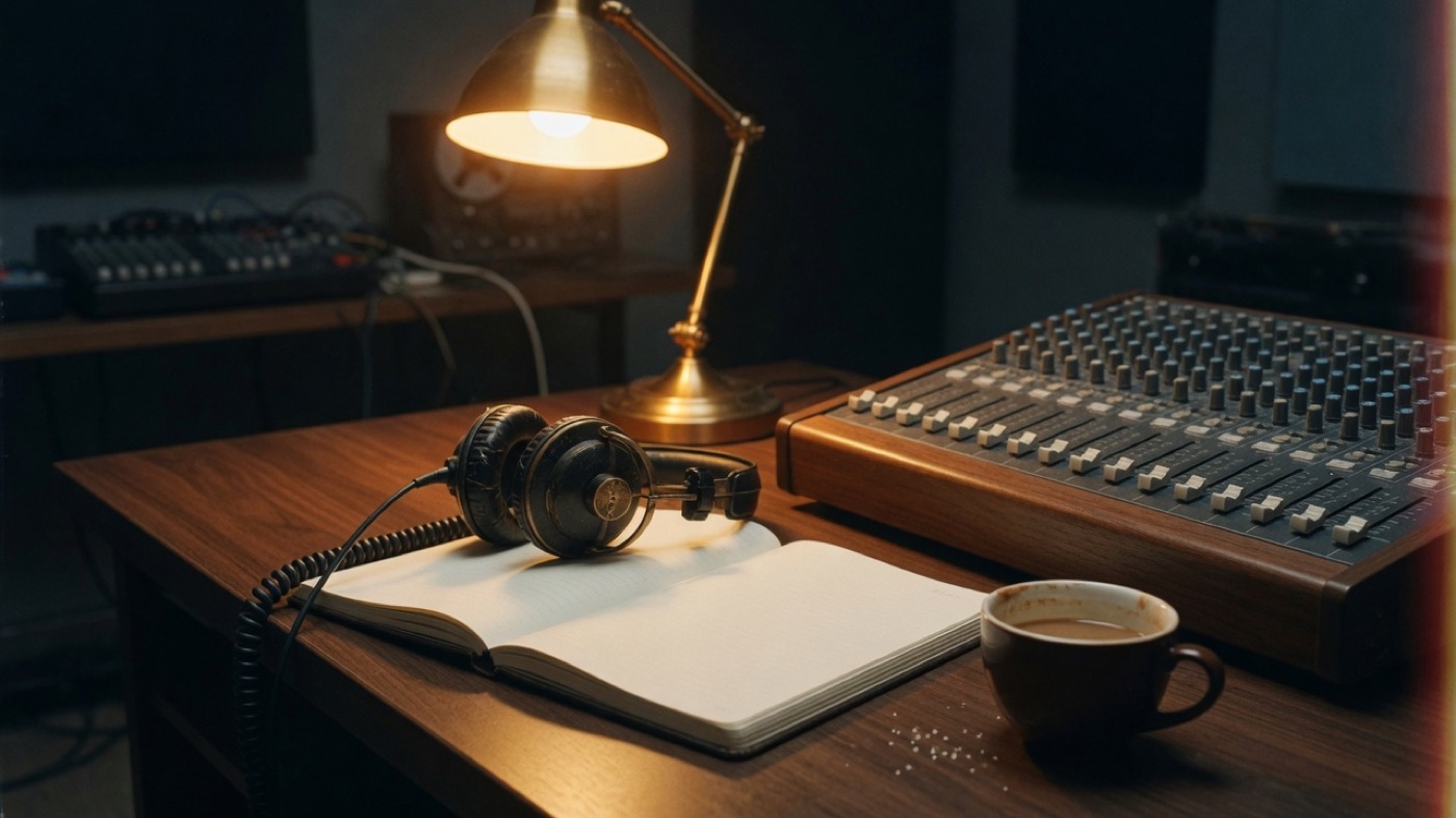 Late-night walnut study desk with notebook, lamp, and headphones
